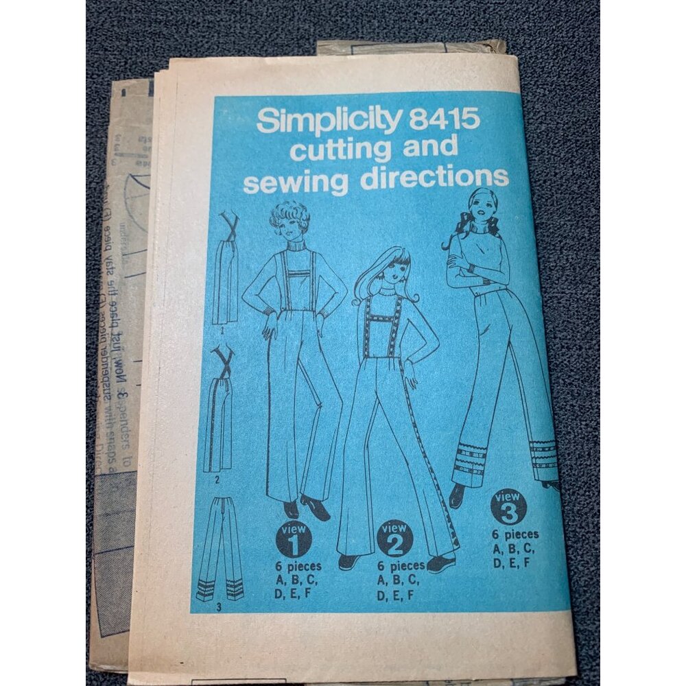Vintage Simplicity 8415 Sewing Pattern Flare Leg Overalls Jumpsuits Waist 29" 70